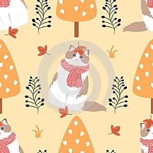 RagdollÂ Cat seamless pattern background with autumn trees, maple leaves. Cute cat kitten background.